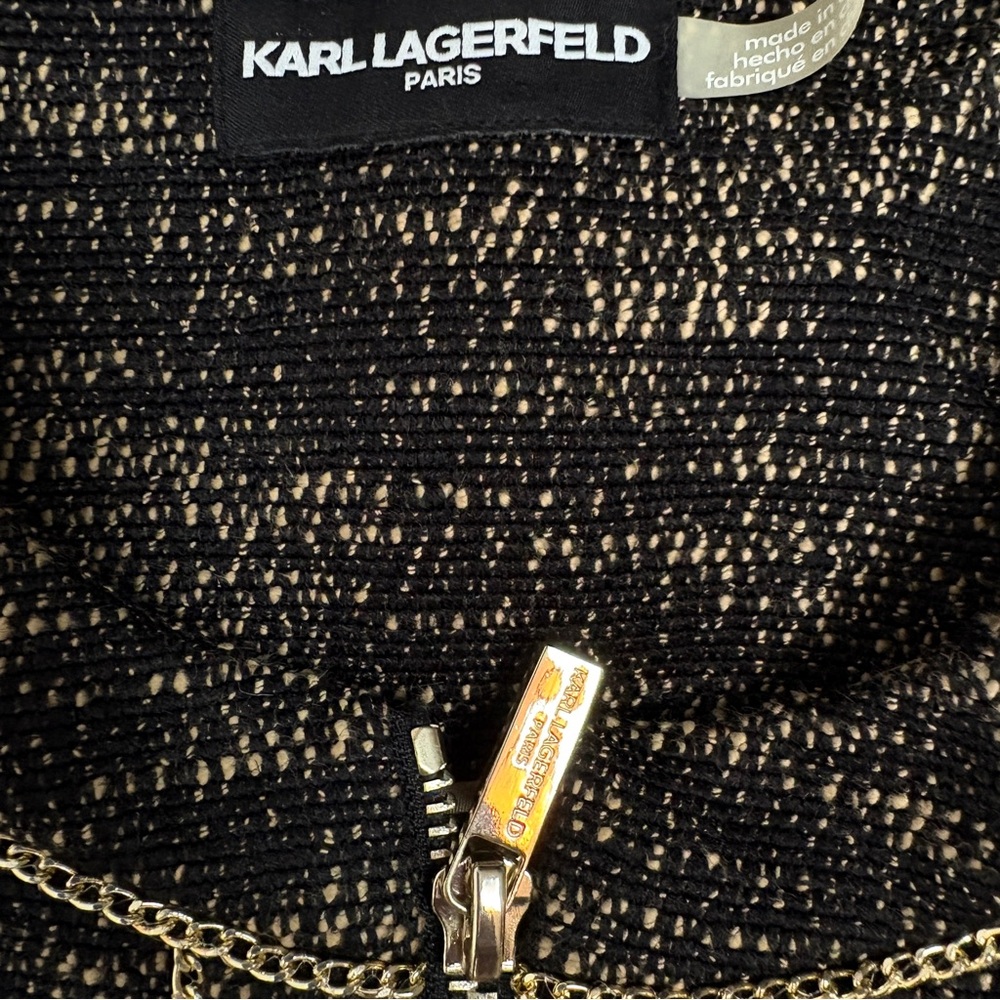 Karl Lagerfeld Black and Gold Textured Blazer with Gold Chain Detail - Picture 6 of 9